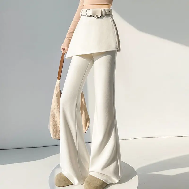 Women's Spring 2026 New Solid Color Slimming Floor Length Pants Fake Two piece Casual Fart Curtain Splicing Micro Bell-bottoms