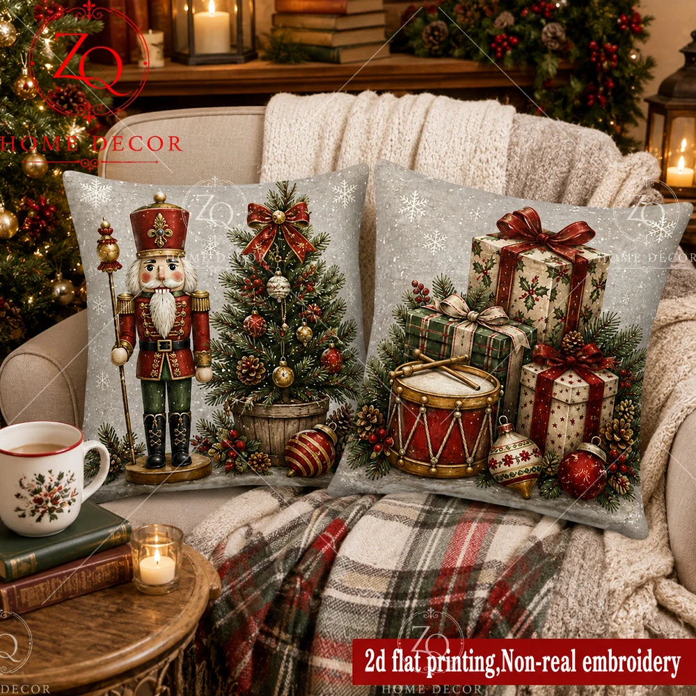 Vintage Christmas Nutcracker Xmas Tree Gift Throw Pillow Covers Soft   Winter Holiday Decorative Cushion Cases For Sofa Bedroom