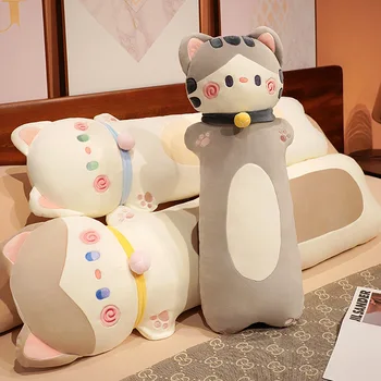 긴 고양이 봉제 바디 베개, 창의적인 귀여운 만화 고양이 봉제 인형, 침실 소파, 카와이 장식 바디 베개, 수면 쿠션
