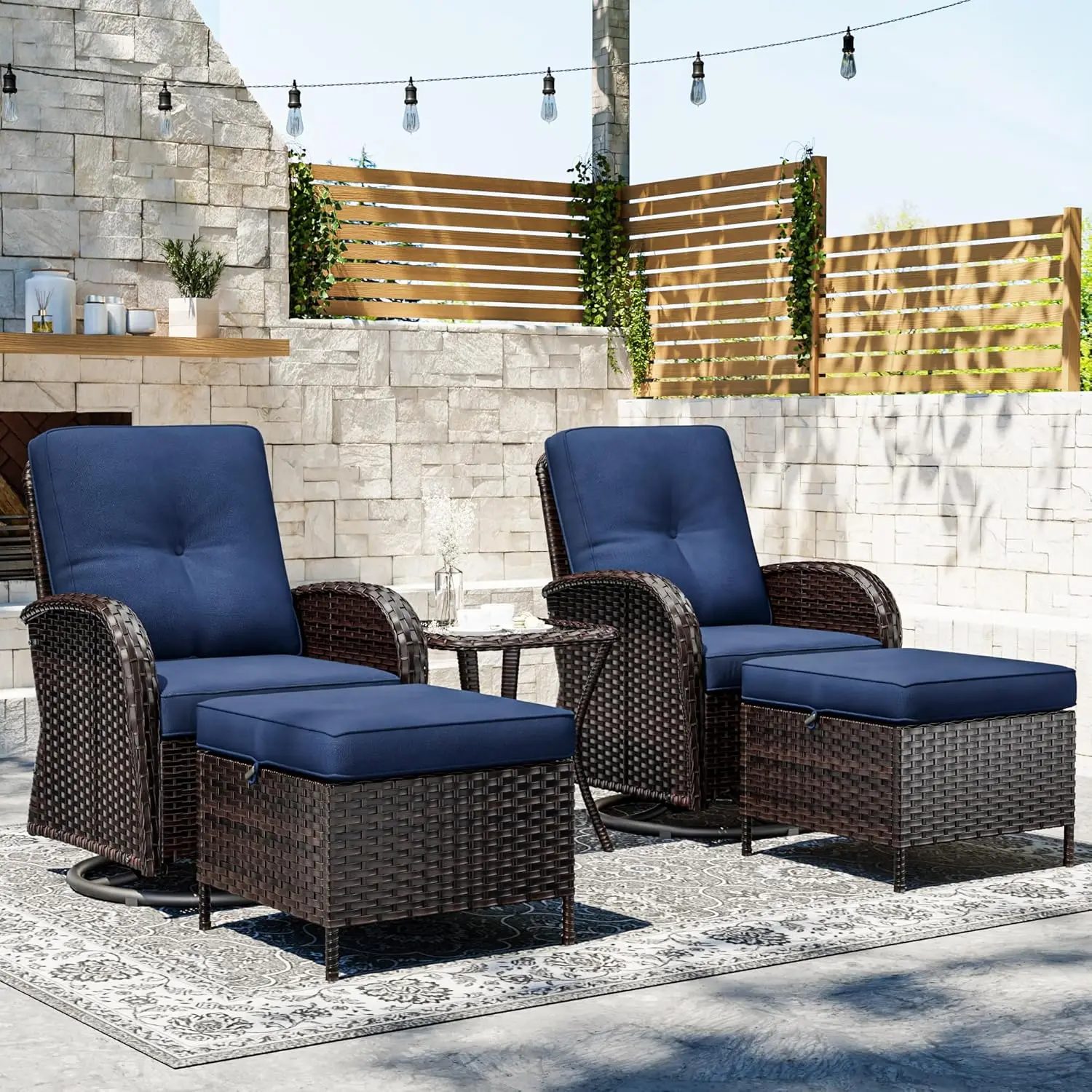 5 Piece All Weather Wicker Patio Furniture Set Swivel Rocker Chairs High Back Deep Seat Thick Cushion Wide Armrest Customized fo