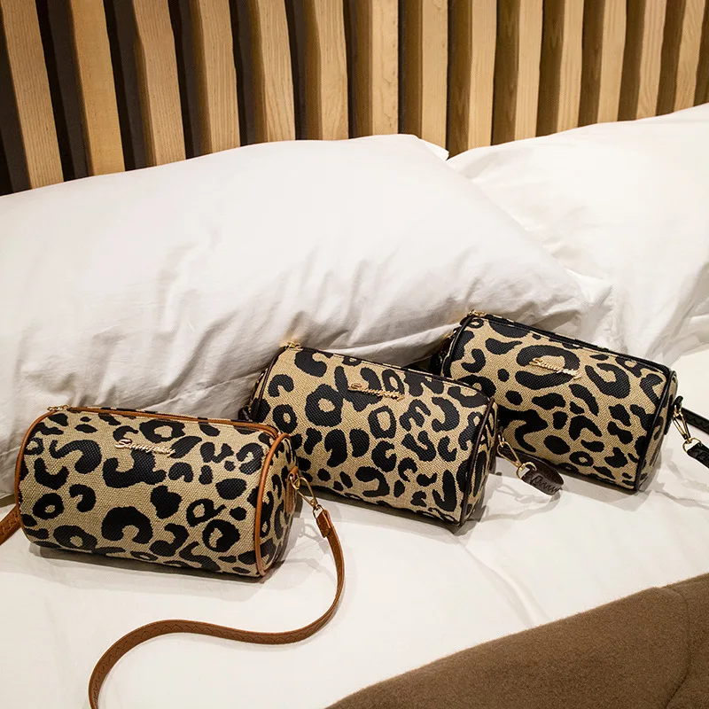 New European and American Retro Leopard Print Cylinder Bag Single Shoulder Crossbody Bag handbag womens bag