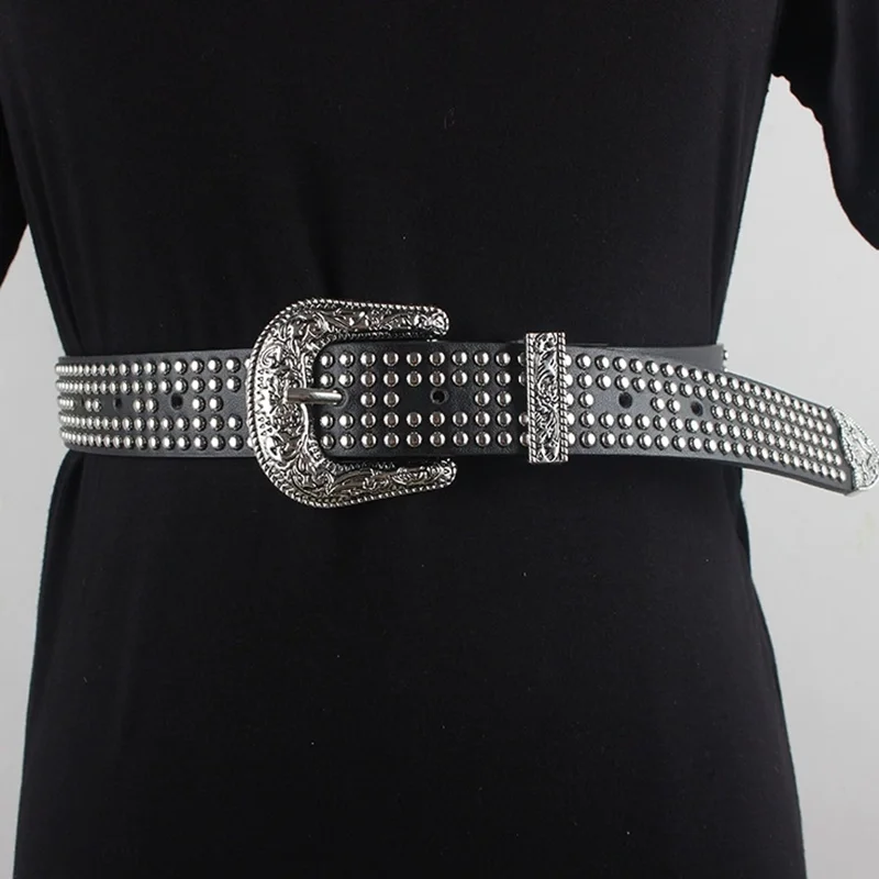 حزام ريترو متعدد الاستخدامات للنساء مع حزام جينز مزخرف عصري وإبزيم دبوس منحوت للحزام الخارجي النسائي