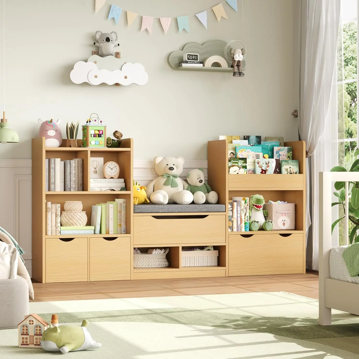 72' 어린이 책장(독서 공간 포함), 장난감 보관함(좌석 쿠션 및 서랍 3개 포함), 내추럴
