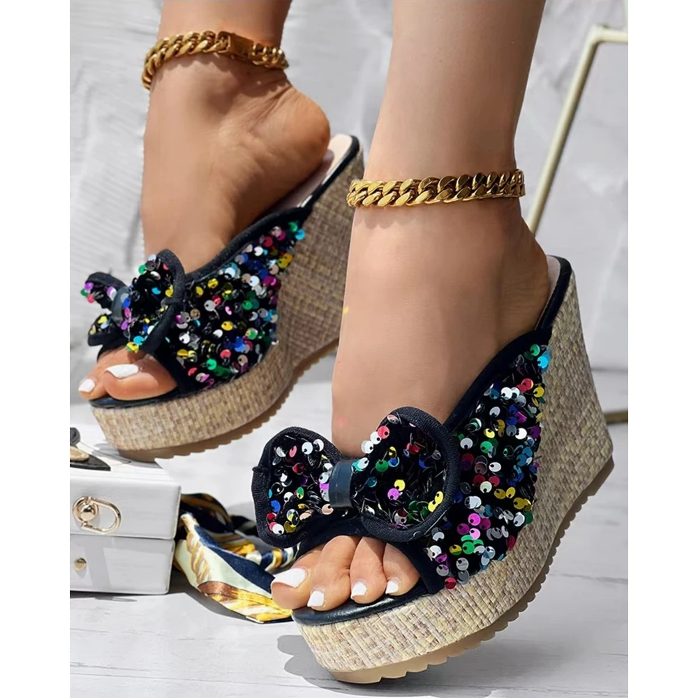 

Women Outdoor Contrast Sequin Bowknot Decor Wedge Sandals Summer Fashion Peep Toe Platform Heeled Shoes Going Out Beach Sandals