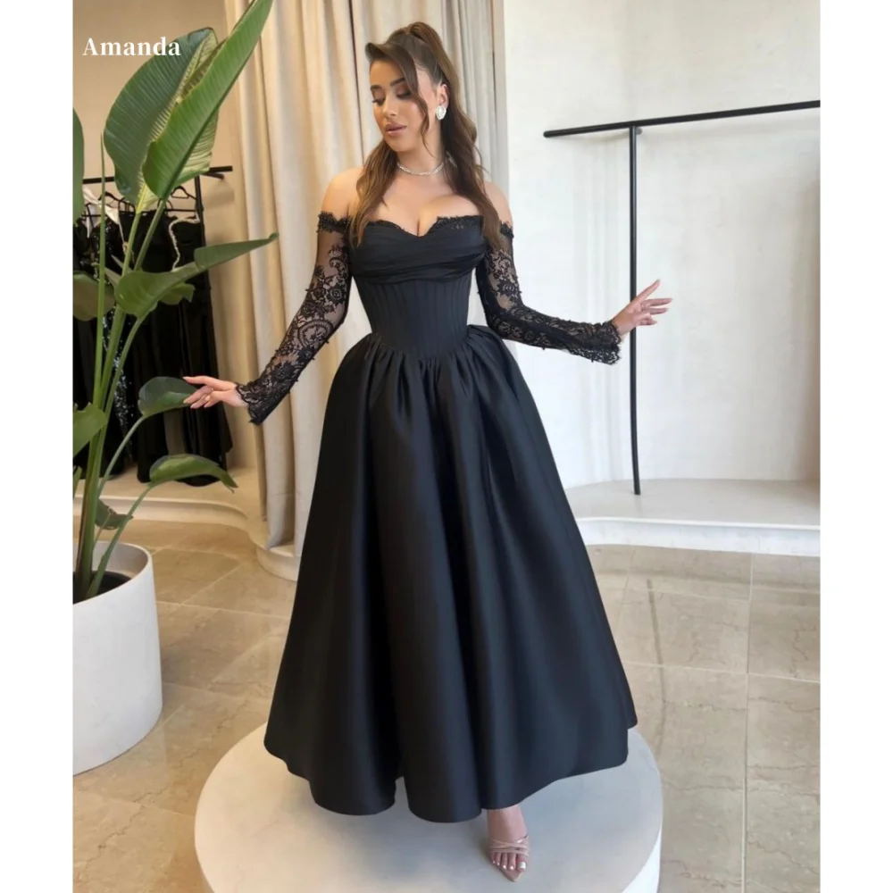 

Amanda Customized Black Off the Shoulder Long Sleeves Strapless فساتين سهرات Satin vestidos de fiesta A-line Wedding Dress 2024