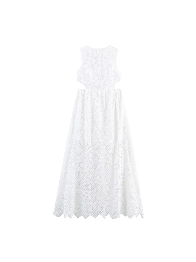 

Summer new women's holiday style elegant waist open round neck sleeveless water-soluble embroidered long skirt