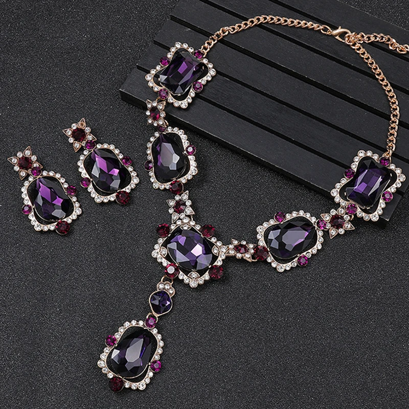 

Costume Jewellery Set Elegant Bridal Runway Party Amethyst Purple Crystal Rhinestone Drop Earrings and Choker Necklace for Women