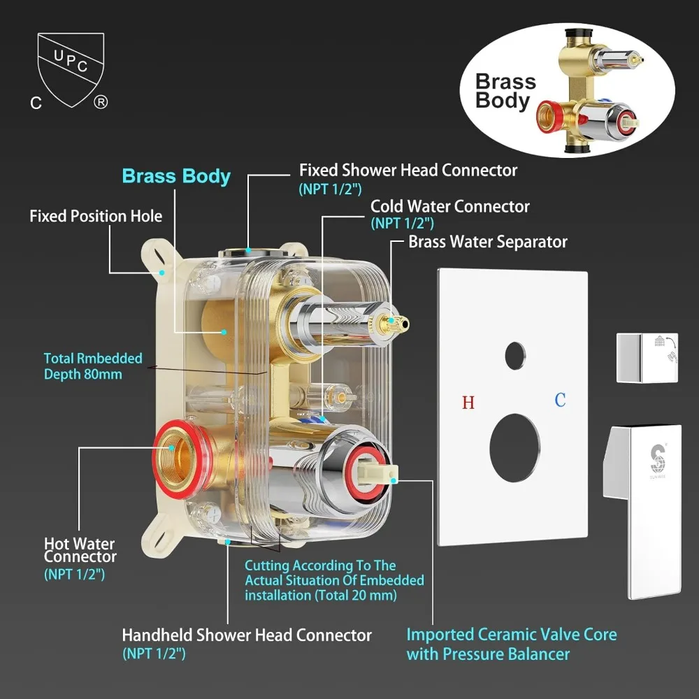 نظام دش مربع مثبت على الحائط مقاس 12 بوصة مع رأس دش مطري وقضيب منزلق ورذاذ محمول #4