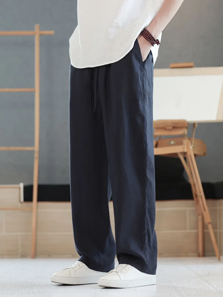 

Loose Straight Leg Linen Pants Men's Summer Thin Breathable Cotton Linen Casual Pants Drapey Comfortable Wide Leg Trou...