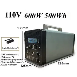 600W Portable Power Station 500Wh solar generetor Pure Sine Wave AC Outlet Outdoor Emergency Mobile Power Bank for Car, Camping