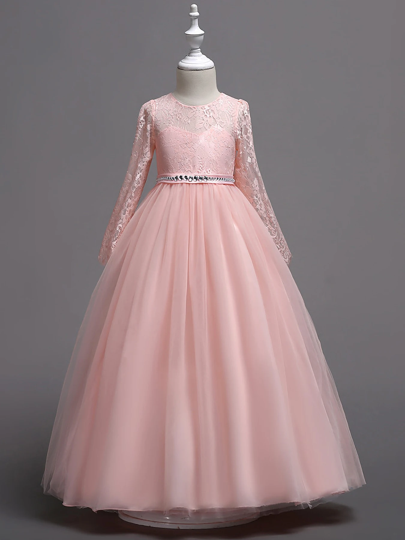 Vestido de dama de honor para niños, falda grande de manga larga de encaje, rosa, europeo y americano, vestido de princesa para niñas de flores