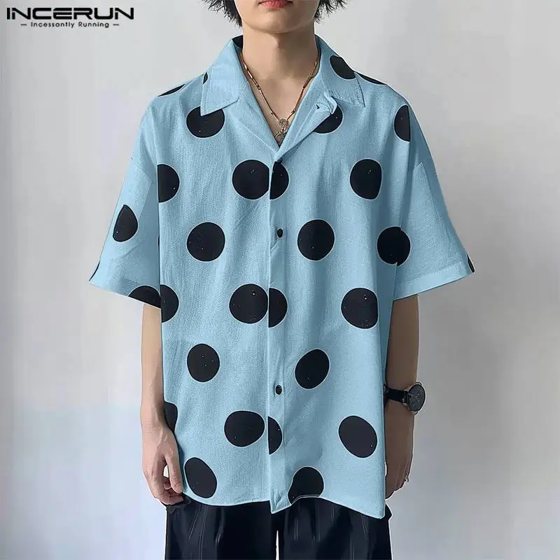 

Casual Street Style Tops INCERUN Handsome Men's Lapel Polka Dot Pattern Design Shirt Fashionable Male Short Sleeved Blouse S-5XL