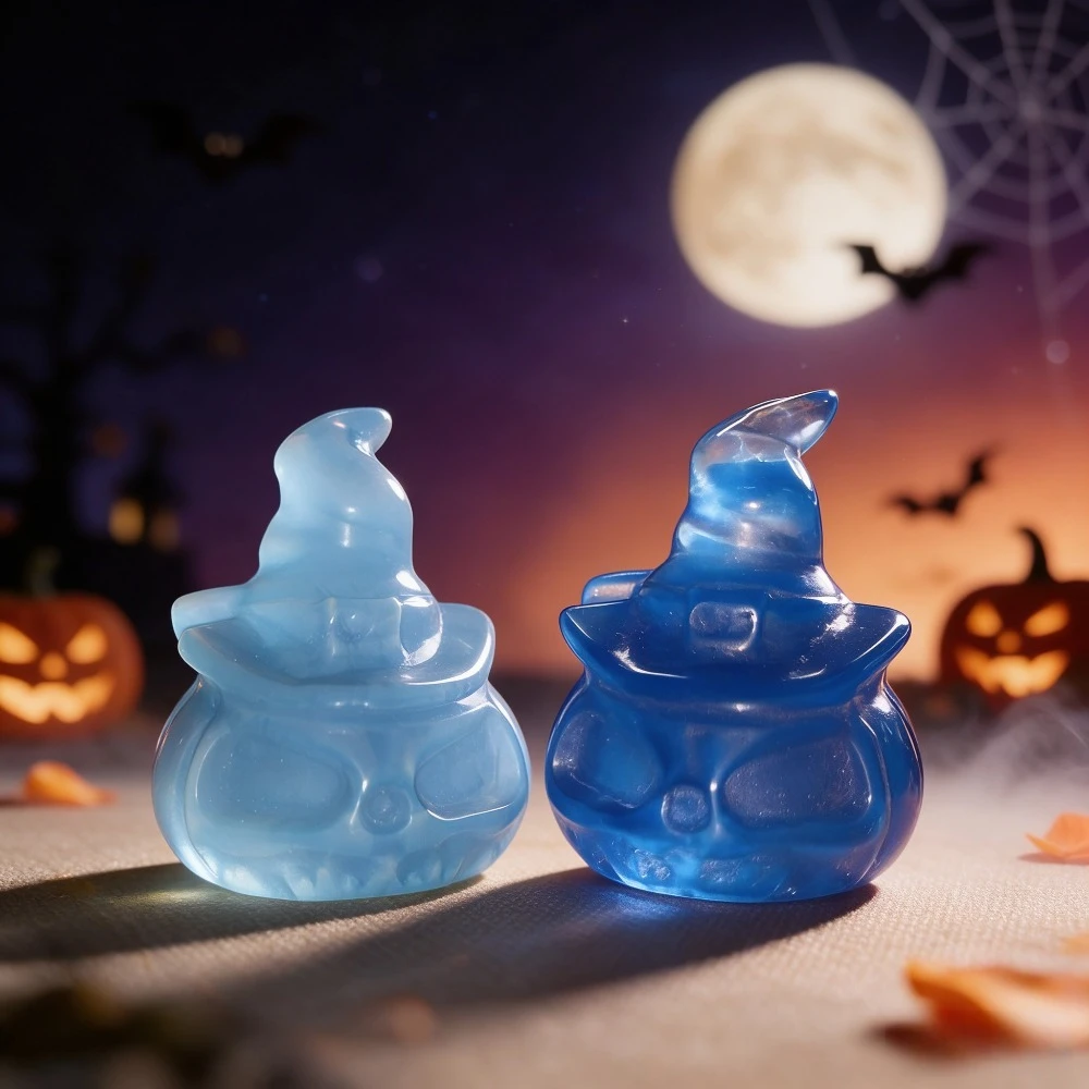 Natural Pumpkin Ornament Mini Crystal Pumpkin with Wizard Hat Sculpture Halloween Tabletop Decoration Party Favor Craft Gift