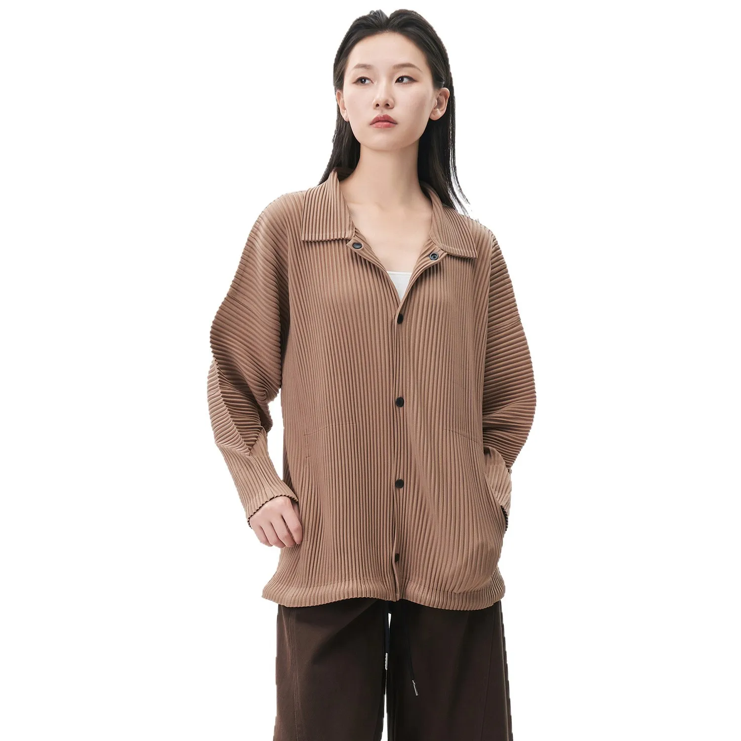 Miyake Fold 2025 Autumn/Winter Collar Jacket, Women's Fashion Thick, Loose, Hidden Buckle, Versatile Sweatshirt, Cardigan Pleat