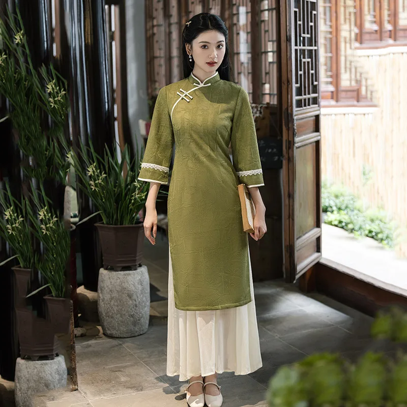 

Новое платье в китайском стиле, улучшенное Cheongsam, элегантное женское длинное платье Ципао Aodai Hanfu, сексуальное традиционное платье с воротником-стойкой, Vestidos