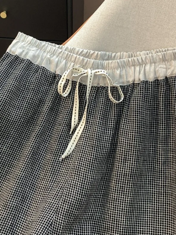 하이웨이스트 와이드 레그 팬츠 여성 여름 경량 코튼 린넨 캐주얼 스트레이트 컷 루즈 롱 트라우저 컬러 블록 체크