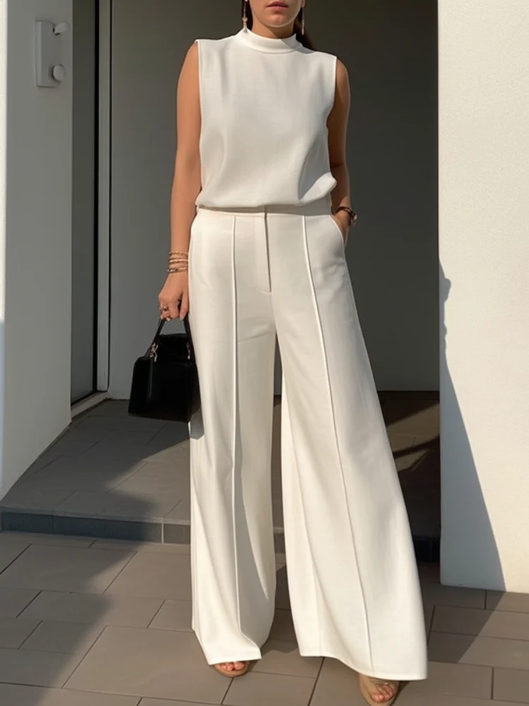 Women Solid White Pants Urban Female High Waist Wide Leg Floor Length Trousers Spring Summer Casual Streetwear Bottom