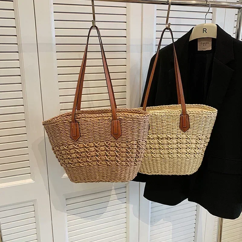 DDB01    2023 Summer Handwoven Straw Beach Tote Bags for Women Vintage Hollow Out Handbag Basket Rattan