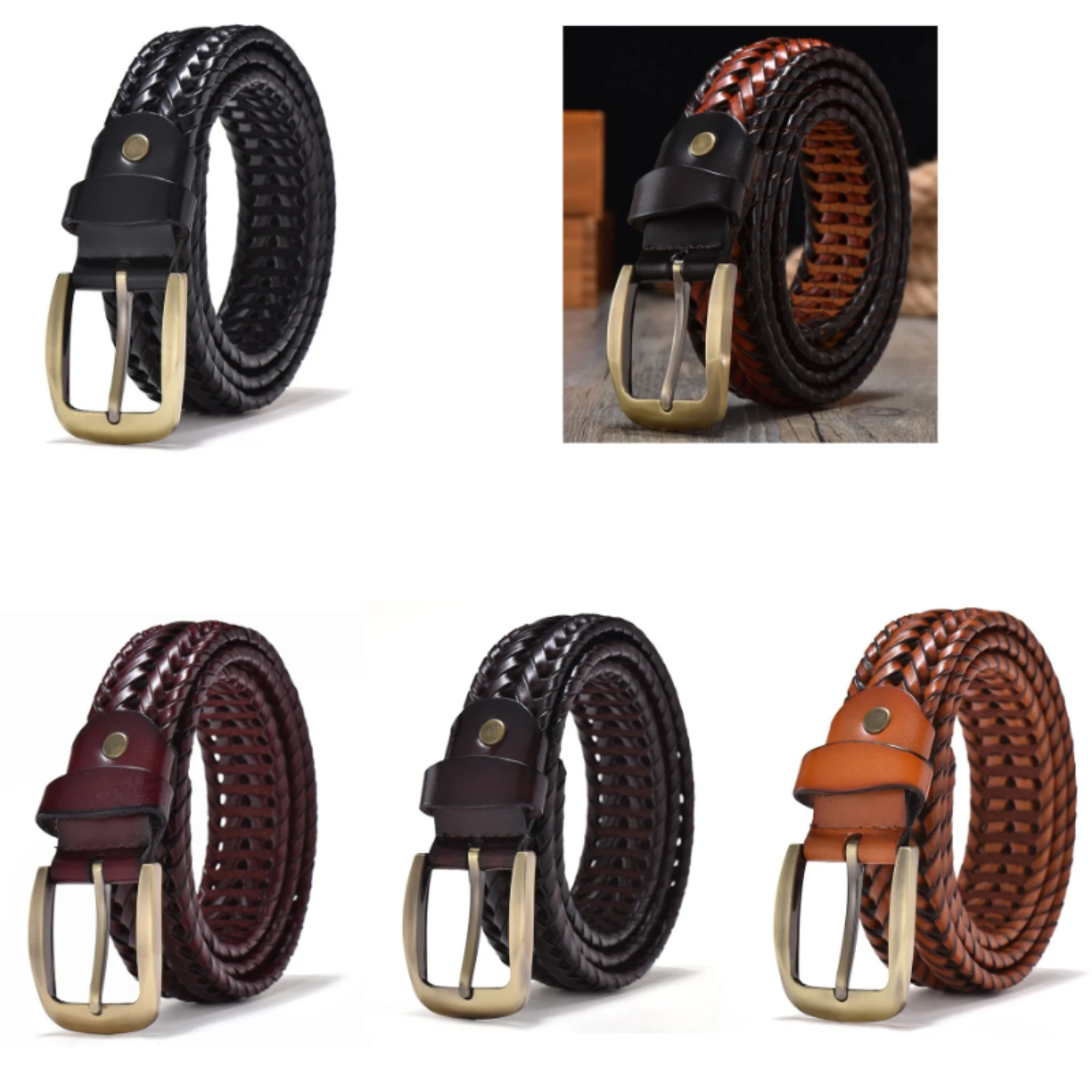 1pc Premium Genuine Leather Mens Belt - Hand-crafted Vintage Braid with Hollow Buckle - Stylish Casual Adjustable Style - Rich S