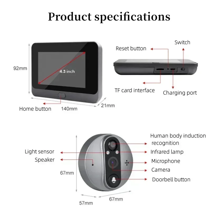 جرس باب إلكتروني WIFI 4.3 بوصة 1080P يدعم الوصول إلى الباب الرقمي الذكي TUYA زاوية واسعة PIR مع وظيفة الرنين للرؤية الليلية