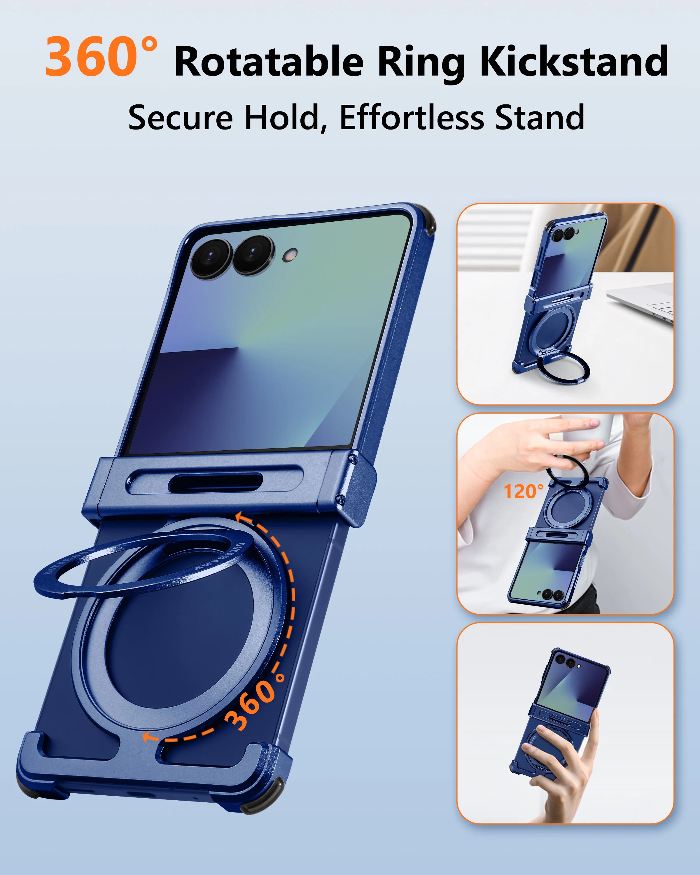 Eary – bezramkowe, magnetyczne etui do Samsung Galaxy Z Flip 8 i 7, zapewniające ochronę 360 stopni. °   Obracany pierścień, podpórka, odporne na wstrząsy aluminiowe etui na telefon. — zdjęcie produktu 3
