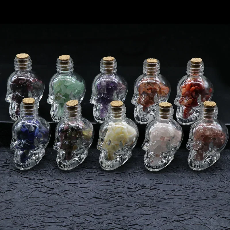 Crystals Healing MINI Crushed Stones Skull Spell Jars Crystal Chakra Stones Cute Glass BottleHealing Crystals Mini Skull Bottles