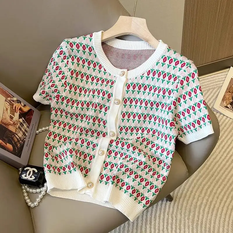 

2025 Summer New Korean Fashion Jacquard Knitting Short Sleeve Top Tee Female Slim Buttons Cardigan O-neck T-Shirts Women Clothes