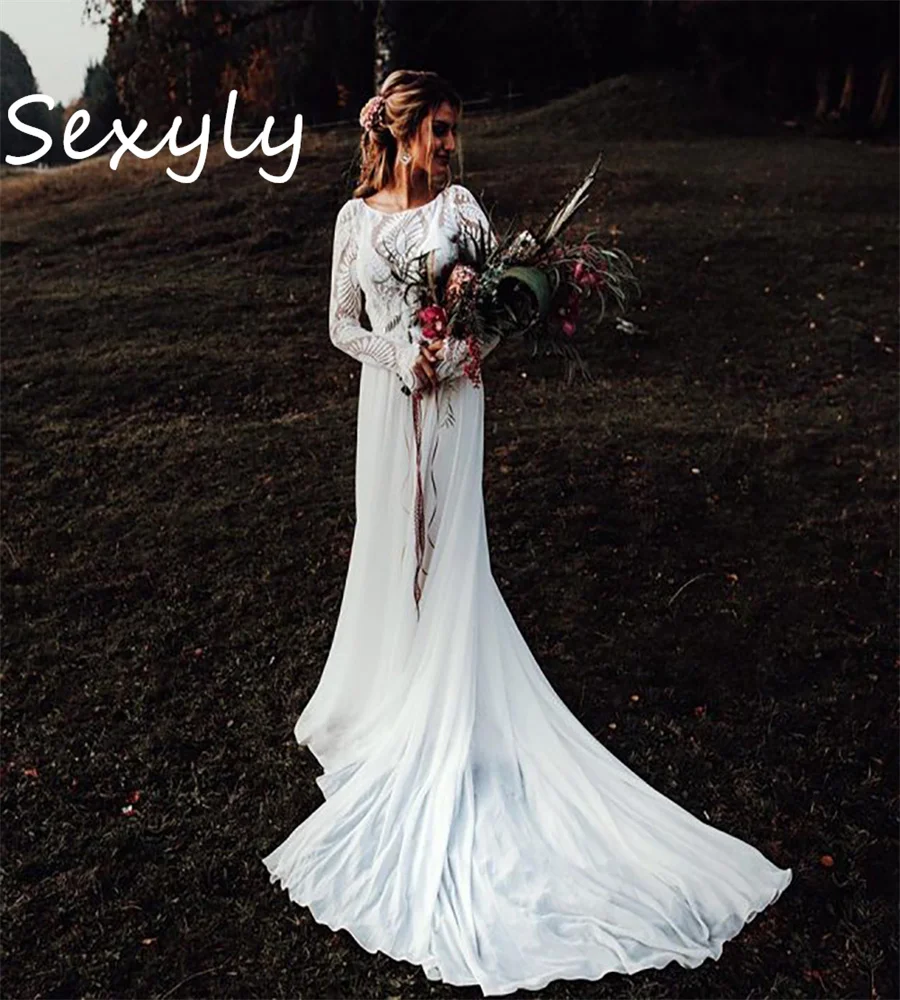 

Chic Crochet Lace Bohemian Wedding Dress 2023 Elegant Chiffon Long Sleeve Boho White Rustic Country Bride Dress Civil Bridal