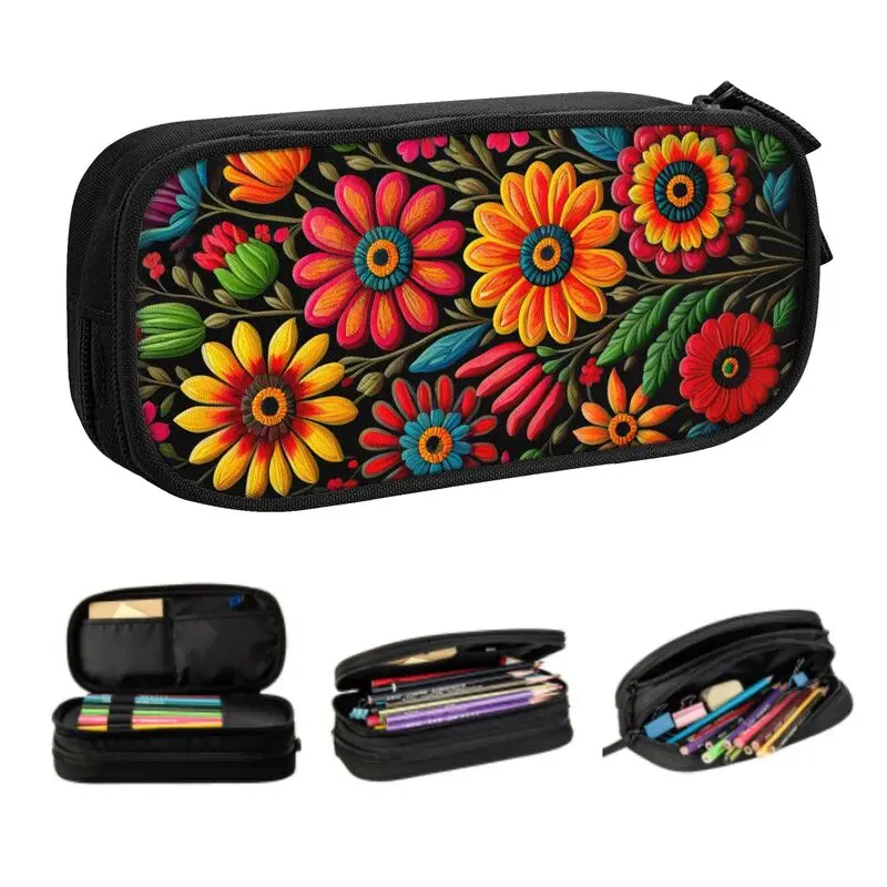 Custom Colourful Floral Mexican Flowers Kawaii Pencil Cases Girl Boy Large Capacity Pencil Box School Accessories