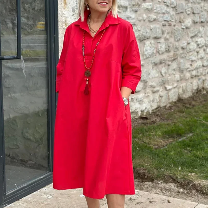 Lente Zomer 3/4 Mouwen Losse Shirt Jurk Kantoor Dame Revers Zakken Effen A-lijn Jurk Eenvoudig Temperament Woon-werkverkeer Midi Jurk