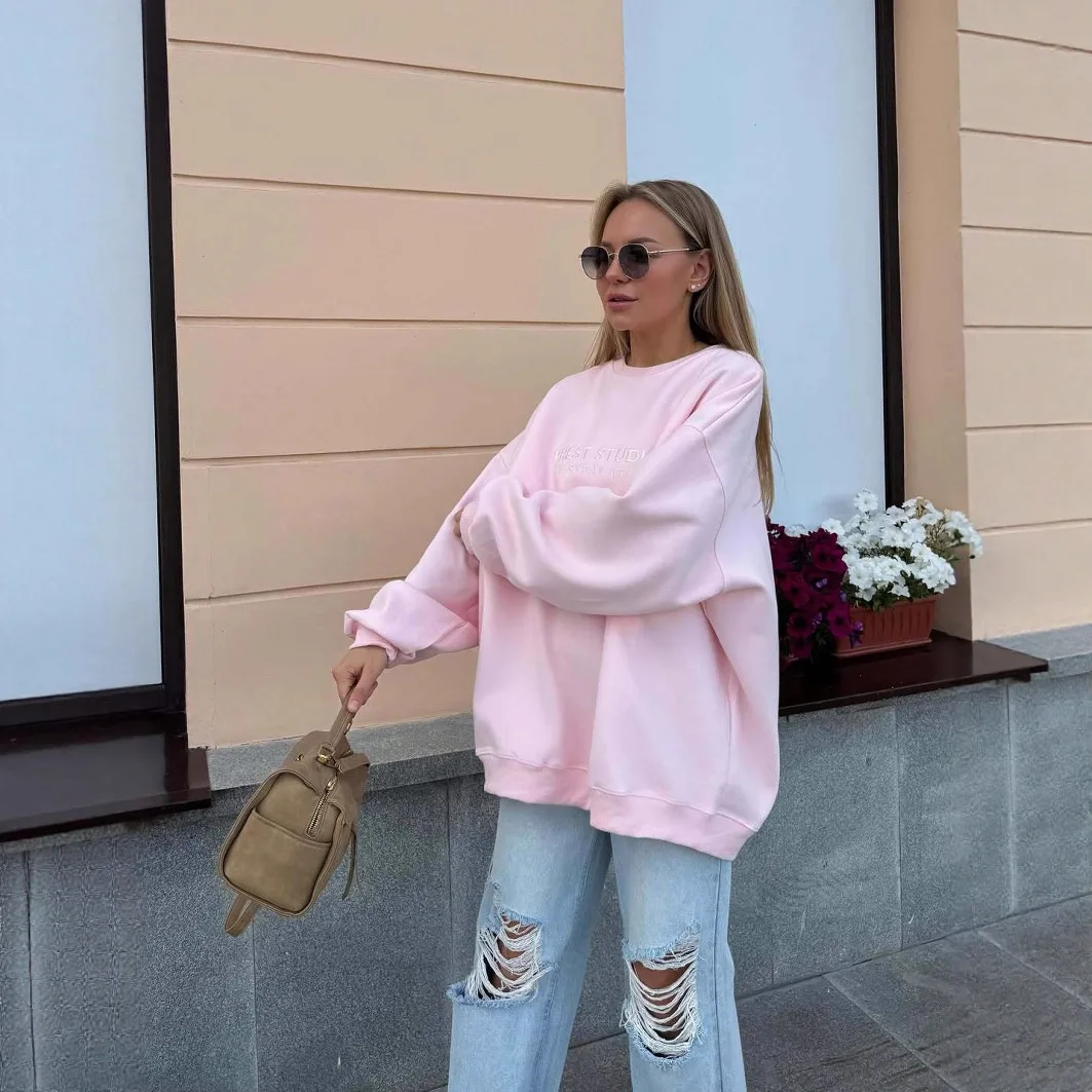 

Sweet Autumn Style Pullover Sweatshirt for Women Mid-length Loose Round Neck Letter Embroidered Casual Slim Pink Top