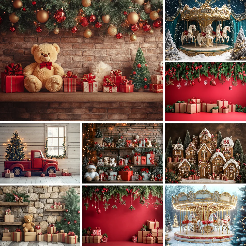 

Cute Toy Bear Photography Background Christmas Tree Plush Toys Gift Decoration Kids Party Photo Holiday Backdrops Studio Props