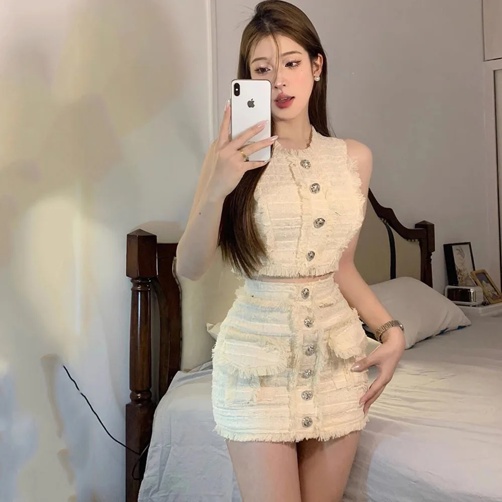 French Small Fragrance Wind Two Piece Set For Women Crop Tank Top + Mini Skirt Suit Elegant Korean Vest 2 Piece Suit Lady Outfit