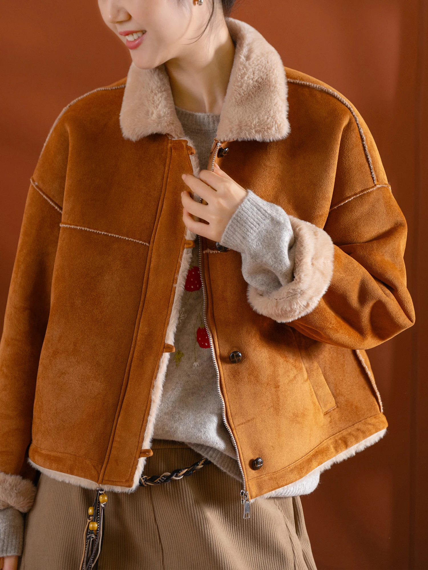 

Soft Smooth Suede Zipper Jaet Thiened Inner Fur Ladies Casual Sle Polyester And Spandex Blend Breathable Long Sve Coat