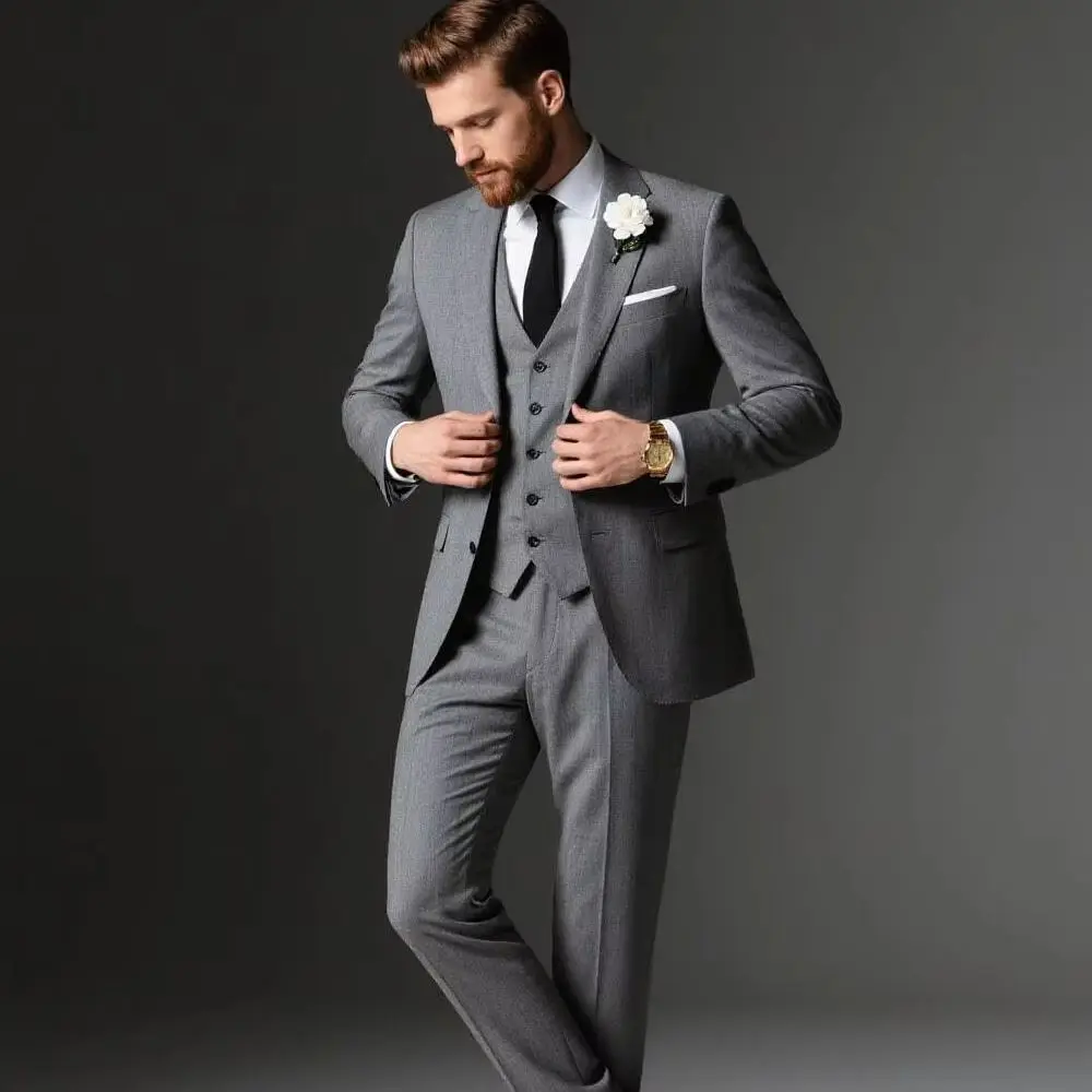 

3PCS (Blazer+Vest+Pant) Froom Tuxedos Sets Peak Lapel Jacket Casual Men Suits Double Breasted Vest Pants for Wedding_Business