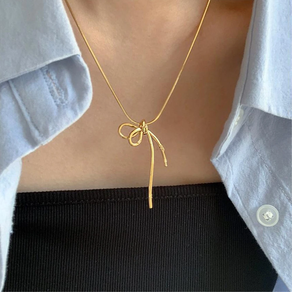 Bow Necklace For Women 2024 Hot Style Fashion Gold Color Stainless Zircon Bow-knot Pendant Choker Waterproof Jewelry Party Gift