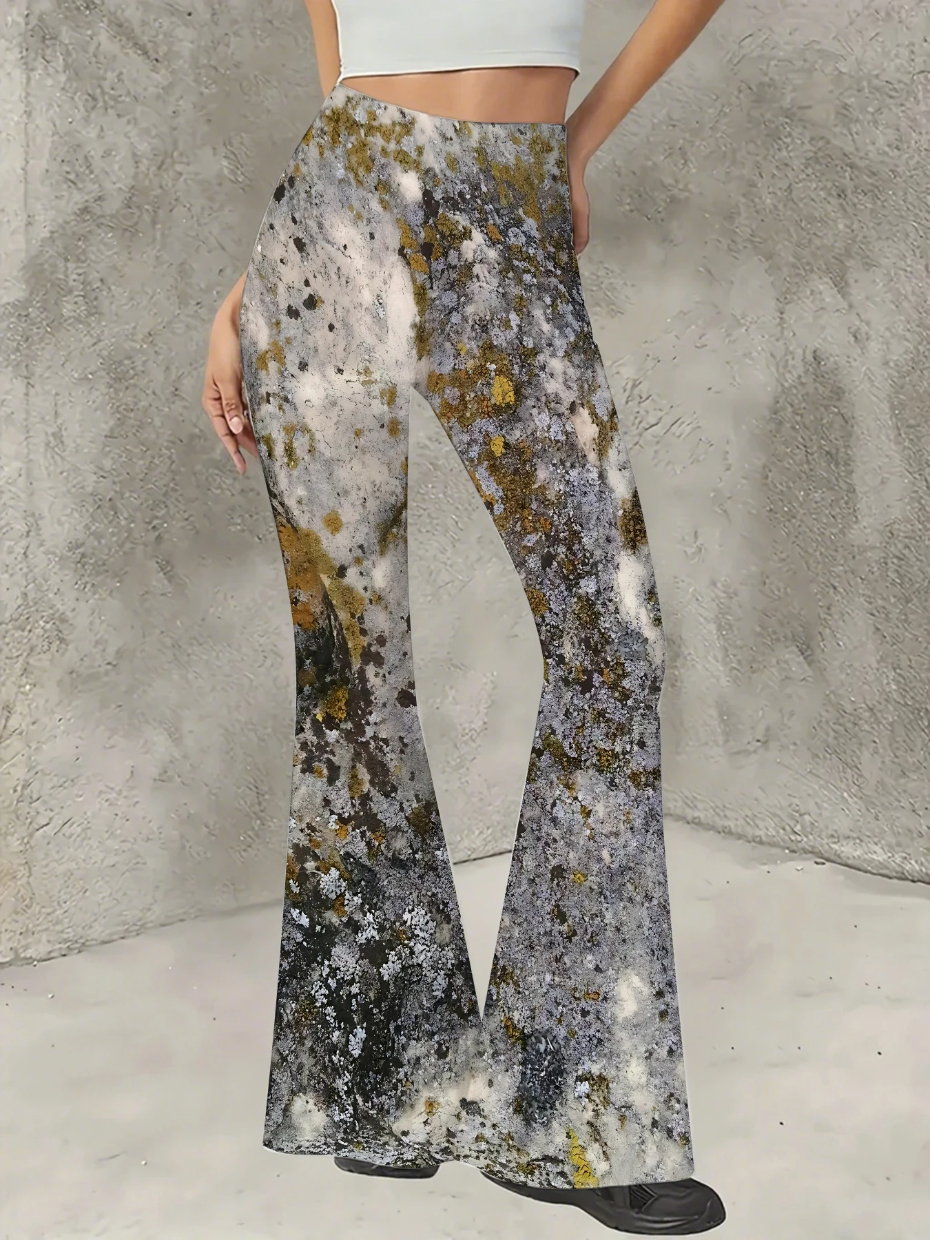 

Women's Print Flare Pants Casual High Waist Knit Bell Bottom Trousers Boho