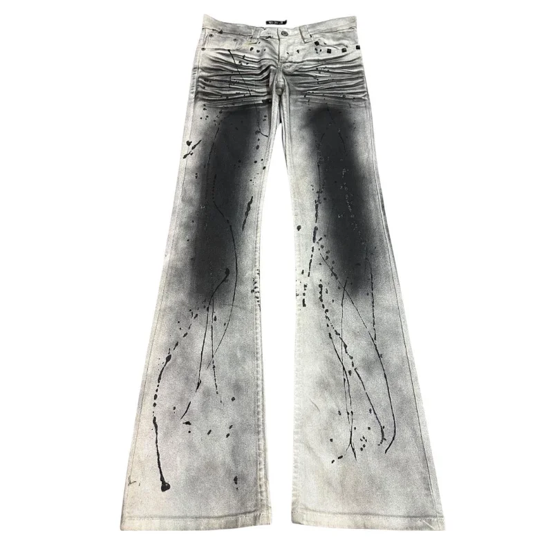 

Джинсы с эффектом распыления краски, винтажные, в стиле гот-панк 90-х, с эффектом стирки, потертые, с принтом черепа, модные повседневные брюки