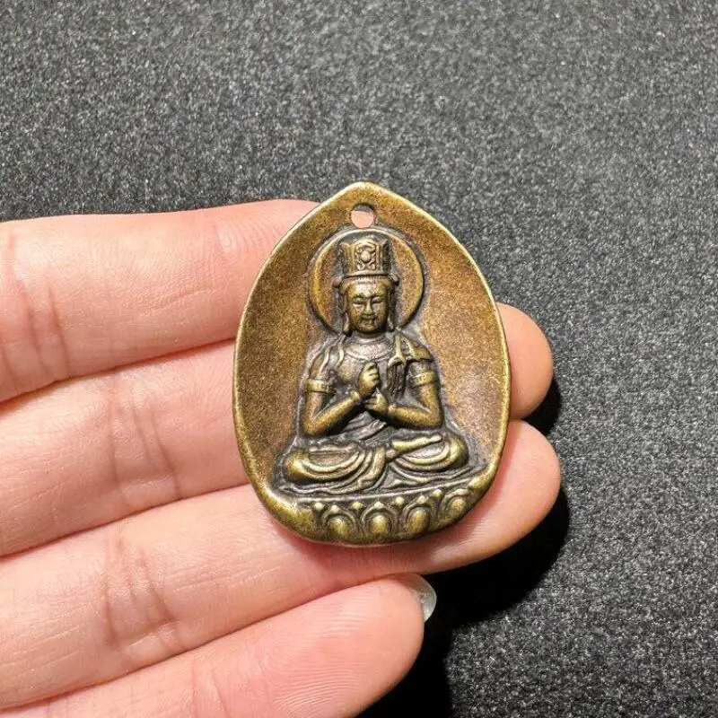 

Antique brass Buddha plaque Samantabhadra Bodhisattva Guanyin bronze tablet keychain amulet hanging ornament handicraft