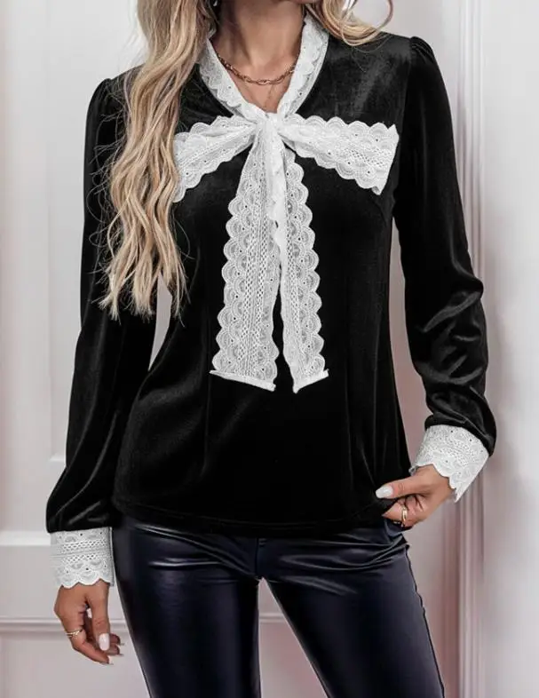 

Autumn Temperament Elegant Texture Suede Patchwork Lace Lace Tied Bow Shirt Women's Fashionable Commuting Long Sleeved Shirt