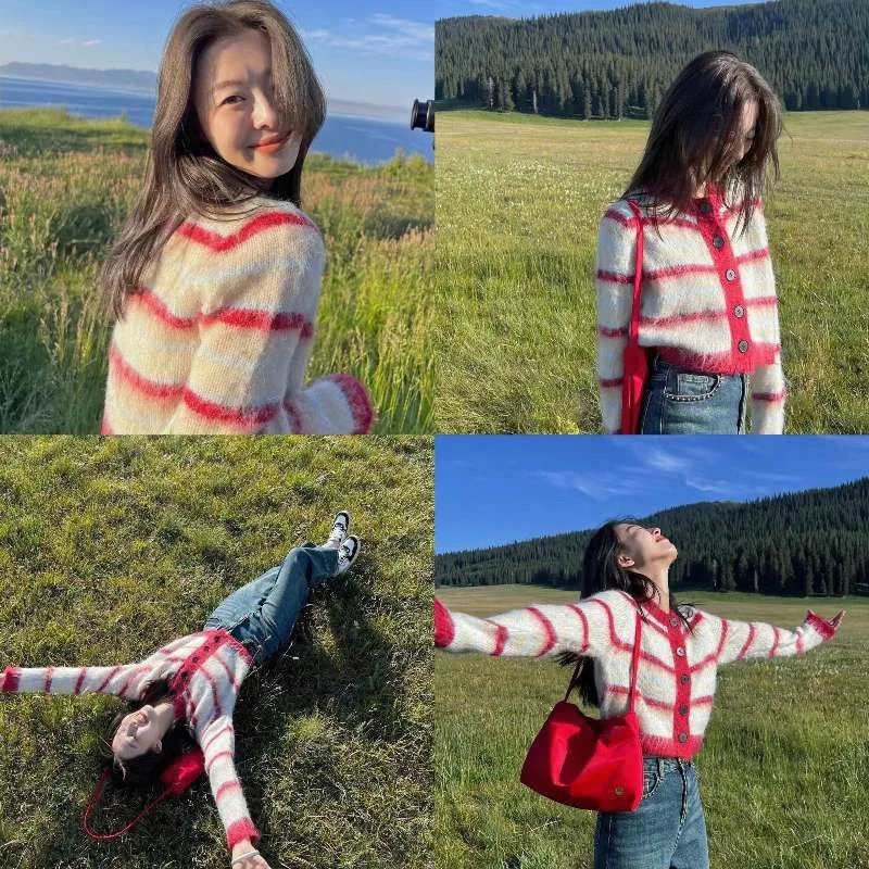New V-neck Korean version loose soft sticky striped contrasting lazy style long sleeved sweater for women short knit cardigan