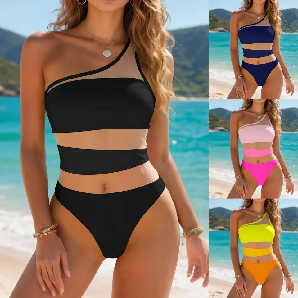 Women Sexy Patchwork Mesh Slimming One Piece Swimsuit One Shoulder Push Up Bathing Suit Solid Color Two Piece Swimsuit