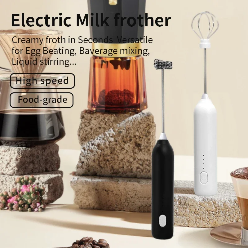 Bezprzewodowy elektryczny spieniacz do mleka Mikser ręczny Trzepaczka 2 w 1, USB 3 prędkości Ręczny spieniacz do mleka do kawy Cappuccino Mini Blender