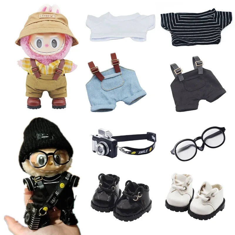 17cm Mini Doll'S Clothes Outfit Accessories For Labubu V1 V2 Striped overalls hats glasses shoes Cool handsome Clothing Gift