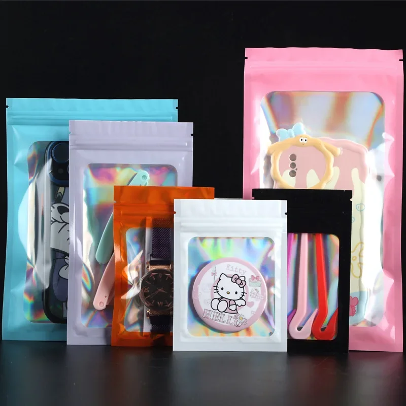 10pcs/set Laser Colorful Self Sealing Color Plastic Double Layer Transparent Storage Sealed Bag Multi Functional Sealed Bag