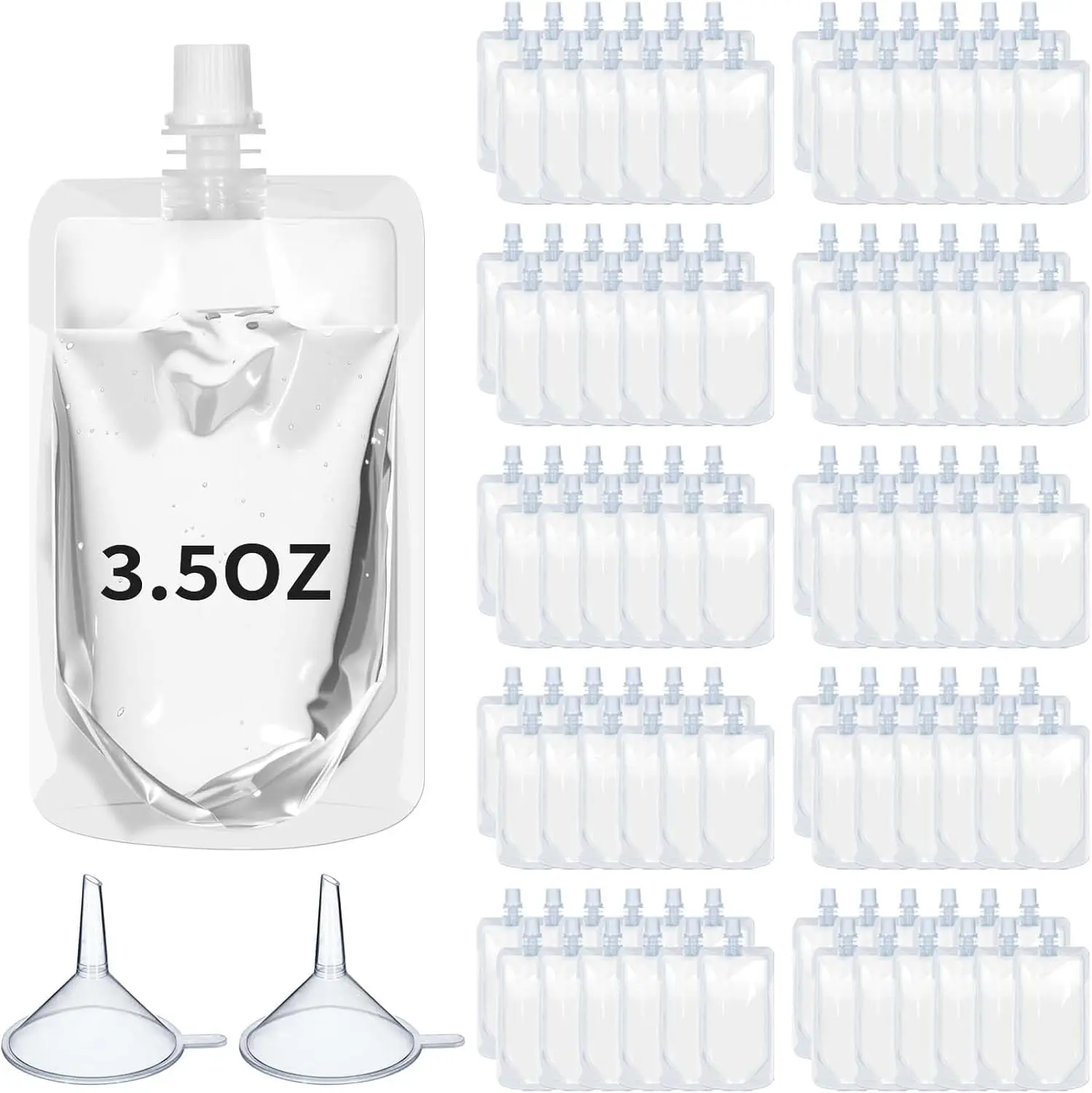 

100 Pcs Reusable Clear Squeeze Pouches with Funnel, Leak Proof for Party Favors and Juice (3.5 oz, Straight Mouth)