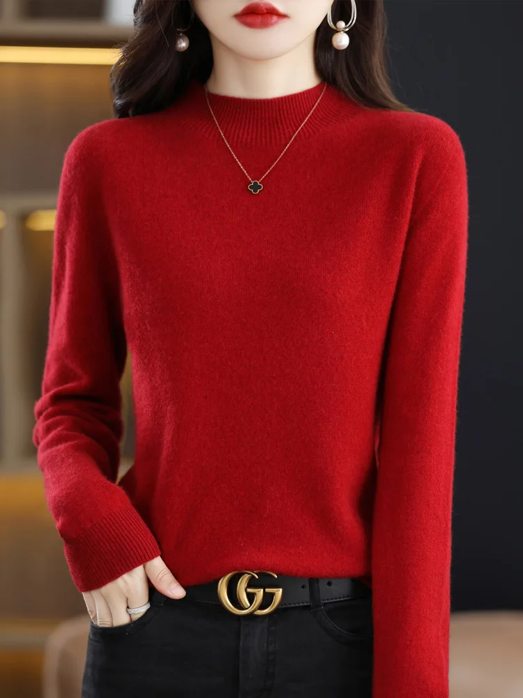 Long Sleeve 100 % Merino Wool Sweaters Cashmere  Pullover Autumn Winter  Mock Neck Women Knitted Tops Clothing Basic Knitwear