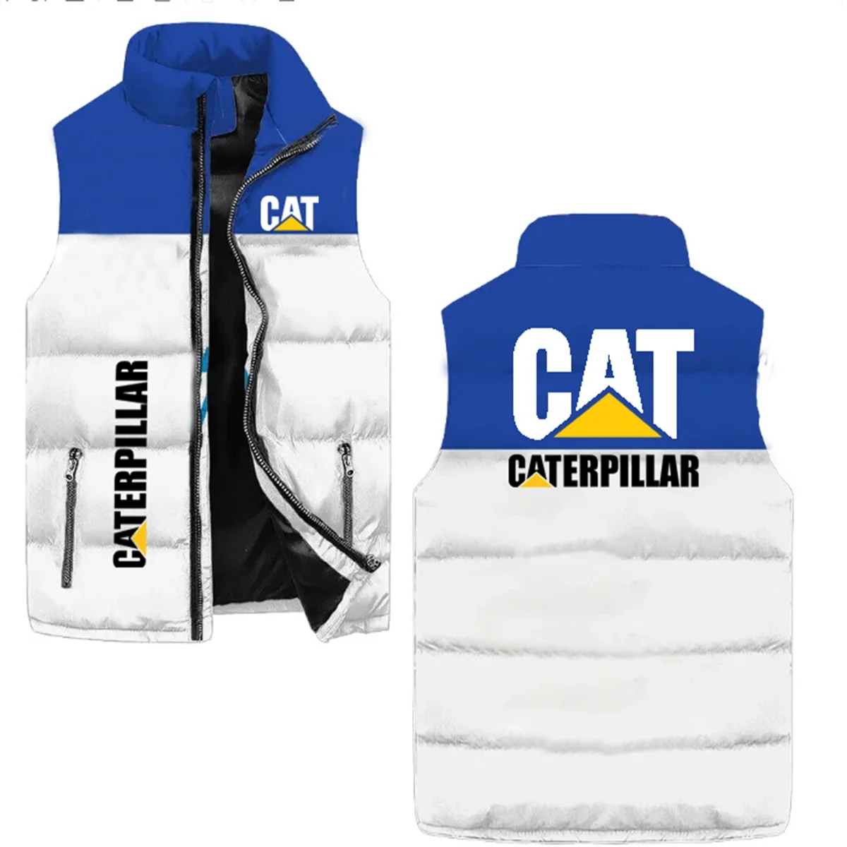 2026 New Men Color Block Padded Vest CAT Caterpillar Logo Print Stand Collar Zipper Warm Sleeveless Workwear Waistcoat