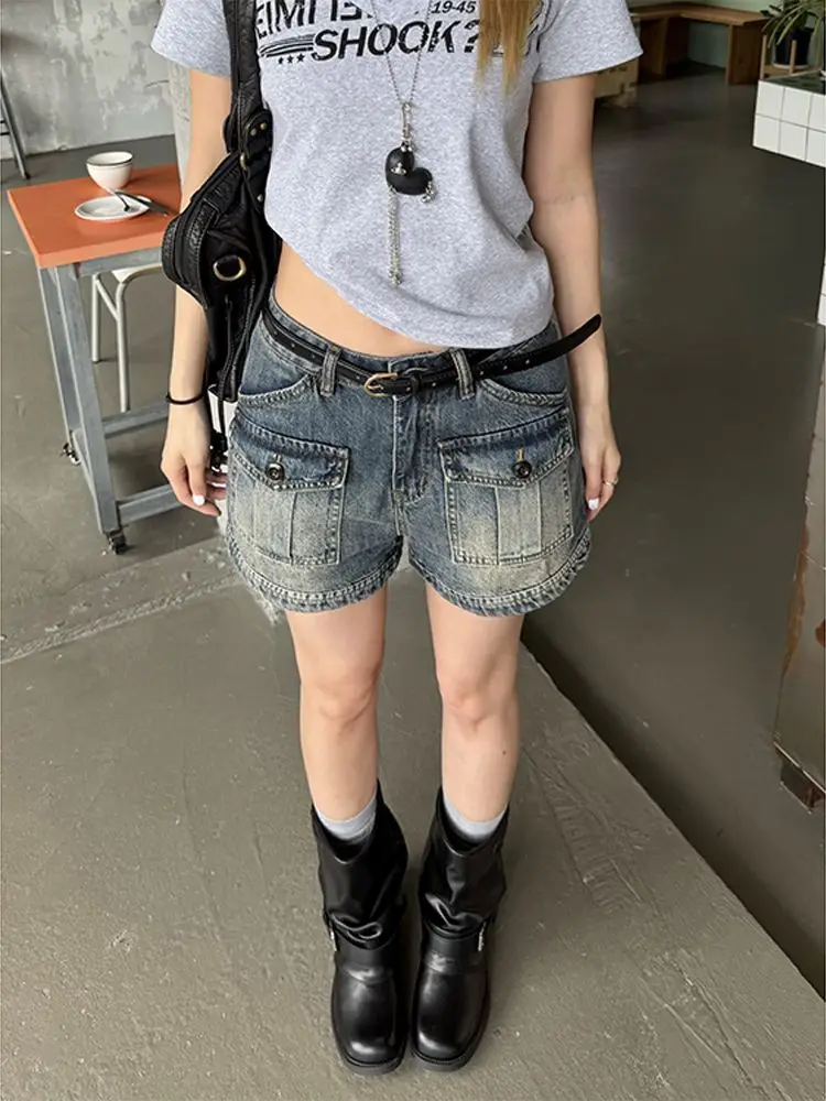 Retro Old Washed Multi-pocket Cargo Shorts Women Summer New Spice Girl Wide-leg Casual Denim Shorts