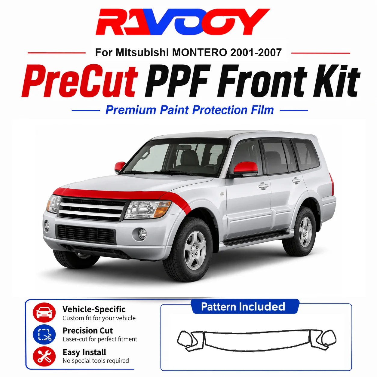 85mil-tpuプレカットppfキット-三菱モンテロ2001-2007用-フード、フェンダー＆ミラーセット-自己修復クリアブラフィルム
